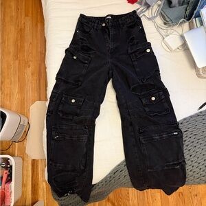 High Rise Black Cargo Women Jeans